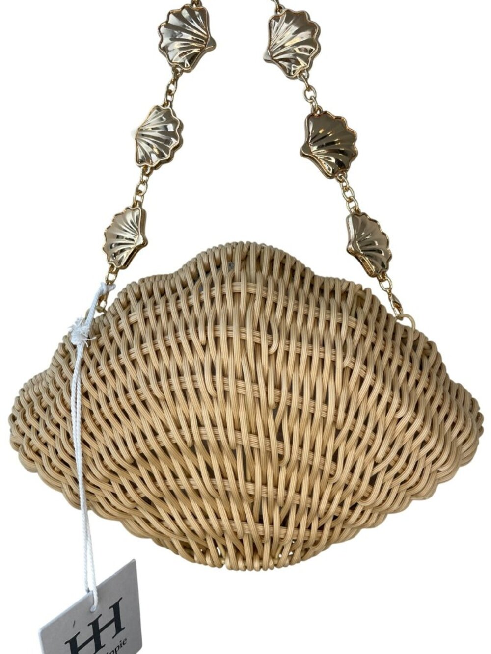 Haute Hippie Woven Rattan Sea Shell Bag Gold Shell Chain Fabric Lining NWT - Picture 2 of 6